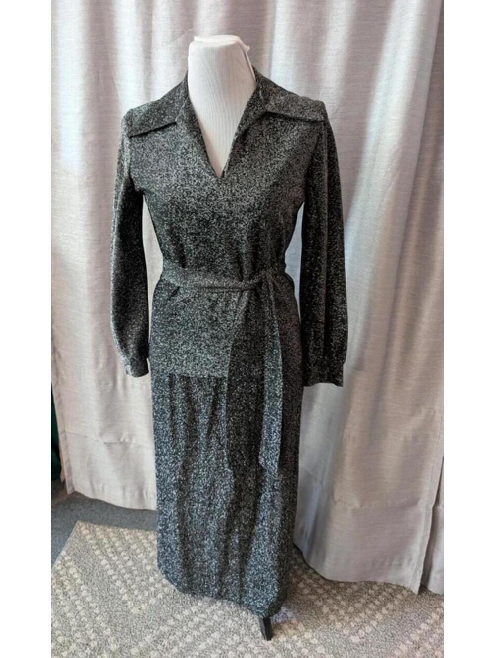 Vintage 70s Black Silver Sparkle Top & Skirt Ensemble M